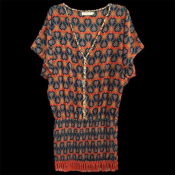 ViX Paula Hermanny Sofia Tajik Coverup Small Fringe Boho Caftan Block Print Swim - Picture 1 of 16